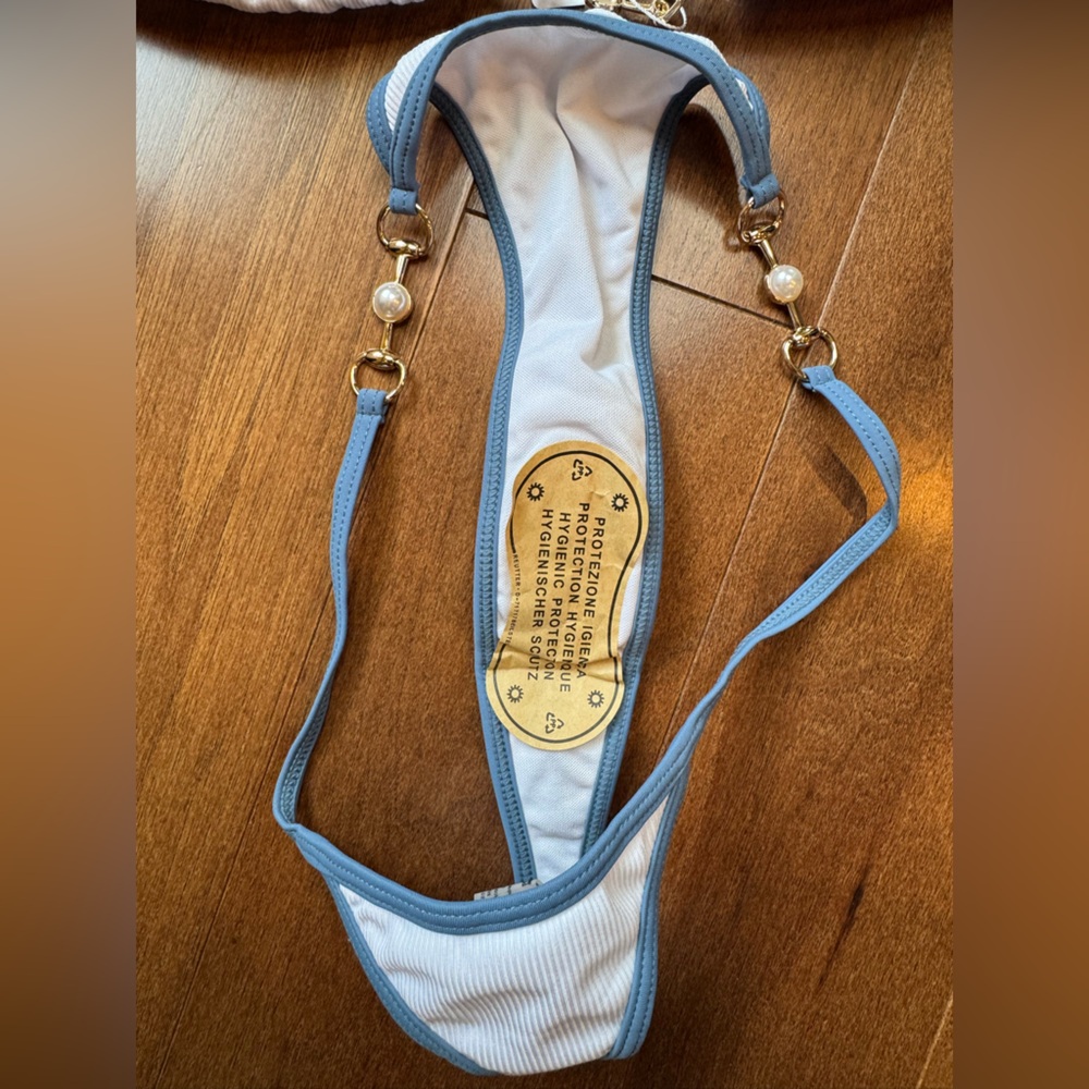 NWT TASHEHE Blue and White Ribbed Thong Bikini - Picture 11 of 16